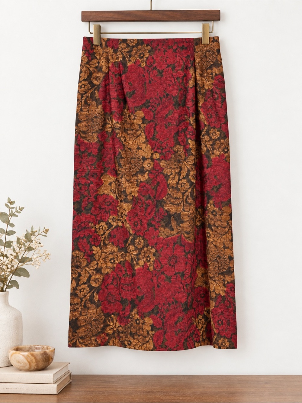 Vintage 90s Burgundy Brown Floral Butter Soft Column Skirt 2X